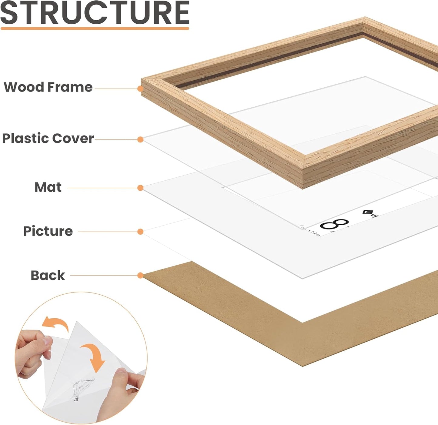upsimples 8x8 Picture Frames, Natural Solid Wooden Picture Frames, Display 4x4 with Mat or 8 x 8 Without Mat, Wall or Tabletop, 1 Pack, Natural