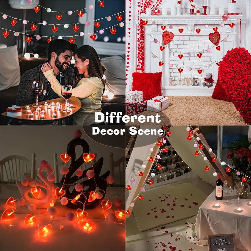 Red Heart String Lights 9.85 Ft Valentines Light with 20 LEDs 20 Pink Pom Poms Garland Lights Battery Operated with Timer Valentines Decorations for Wedding Party Valentine Decor