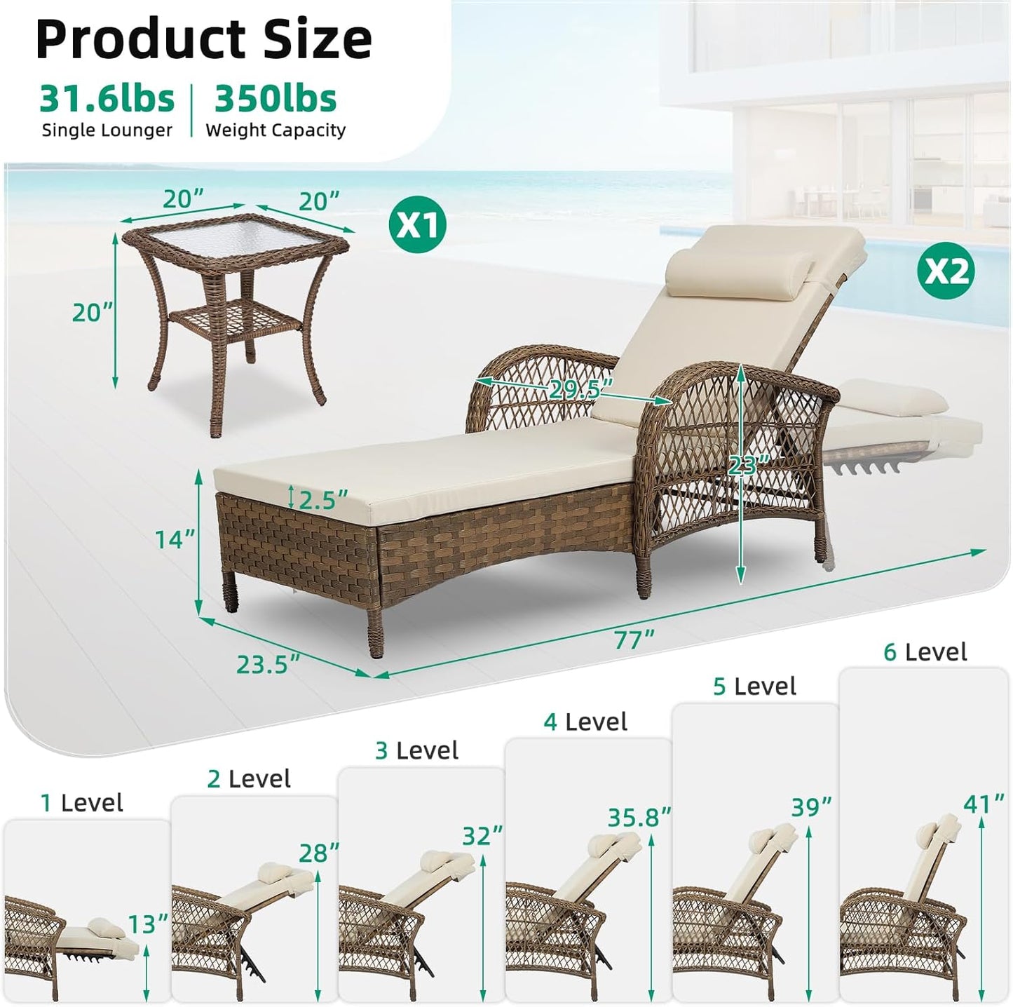 VIVIJASON 3 Pieces Outdoor Wicker Chaise Lounge Chair Set, All-Weather PE Rattan Cushioned Patio Lounger Set of 2 with Side Table, Adjustable Pool Sunbathing Recliner with Armrest & Pillow, Beige