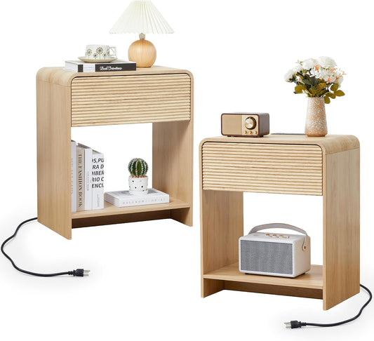 Fluted Nightstand Set of 2 with Charging Station, Modern Bed Side Table End Table with Drawer Storage, Large Wooden Night Stands Bedside for Bedroom Living Room Sofa Office, Natural 2 Sets