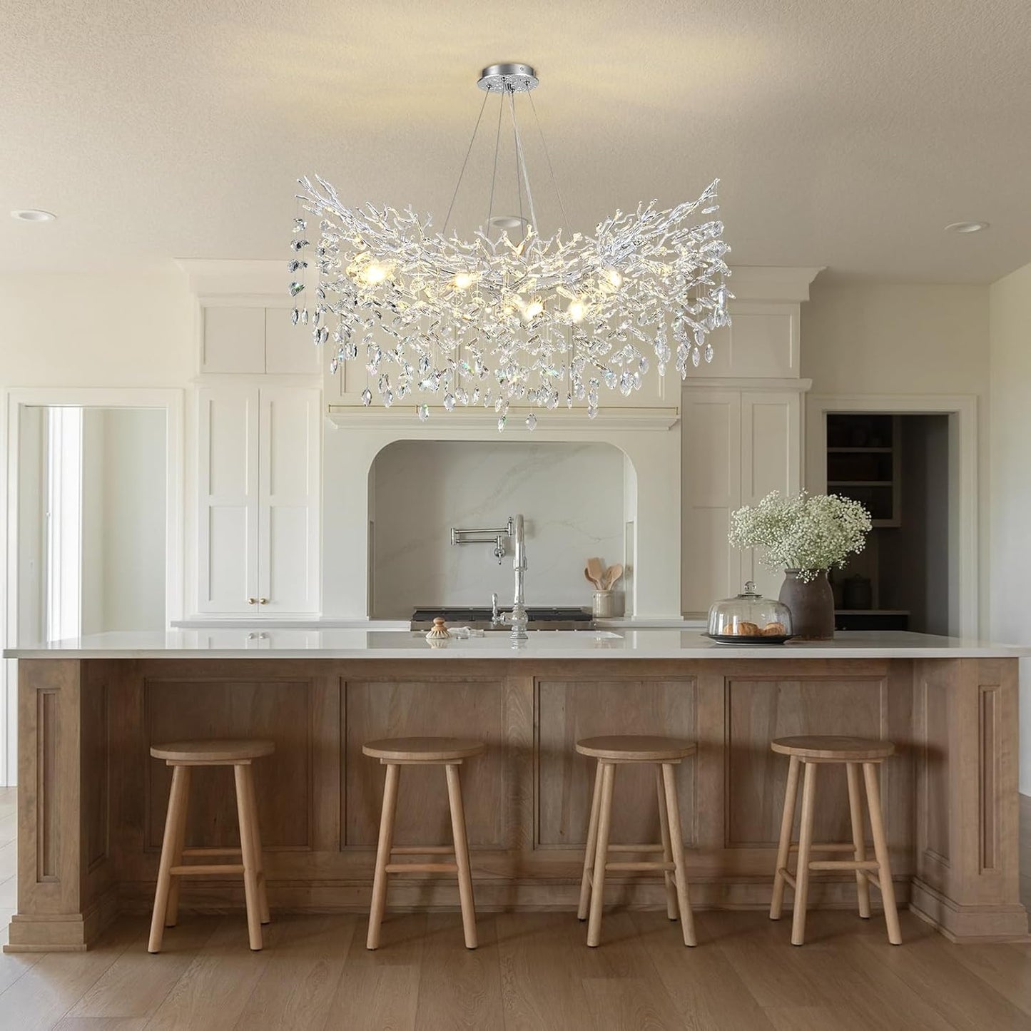 Modern Crystal Silver Chandelier, 36" Large Rectangular Oval Tree Branch Crystal Chandeliers for Dining Room,16-Light Flush Mount K9 Crystal Chandeliers, for Kitchen Island,Dining Room