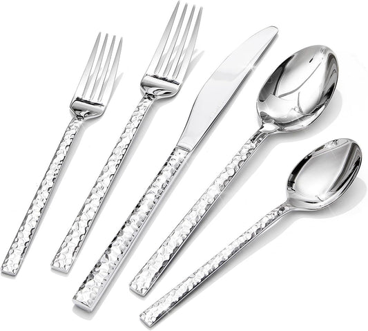 KINGSTONE 30 Piece Hammered Silverware Set, 18/10 Stainless Steel Flatware Set for 6, Cutlery Set for Home, Party, Wedding, Mirror Polished Dishwasher Safe