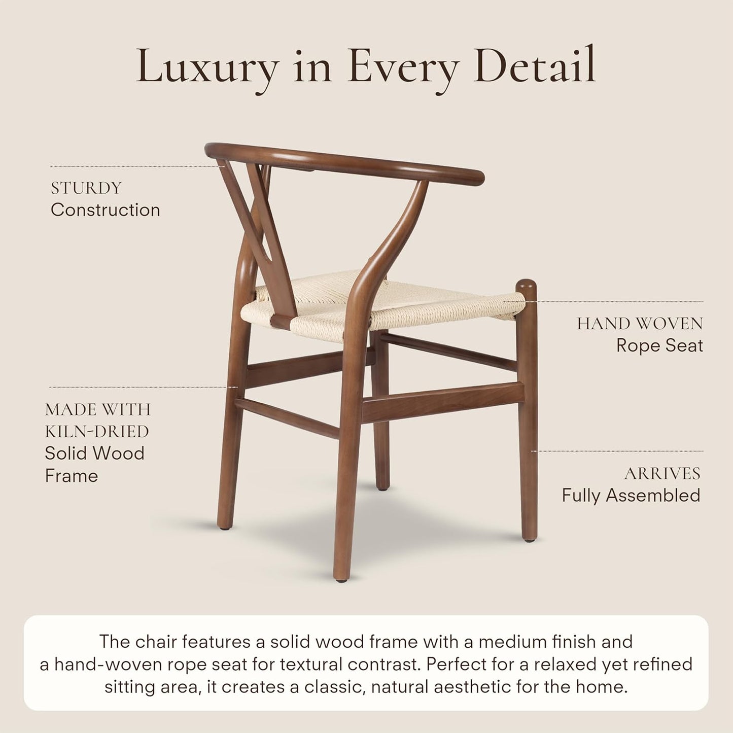 POLY & BARK Weave Dining Chairs – Mid-Century Modern Wishbone Dining Chairs with Arms, Solid Wood Frame, Indoor Use – Walnut– Set of 2 - Ideal for Dining Room, Kitchen or Stylish Accent Setting