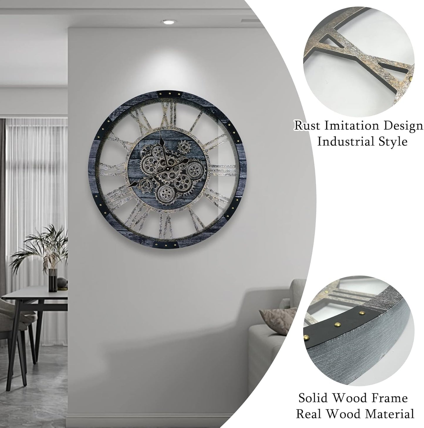 30 Inch Industrial Steampunk Wall Clock, Gray, Battery Operated, Real Rotating Gears, Solid Wood Frame, Oversized Wall Clock for Living Room Decor