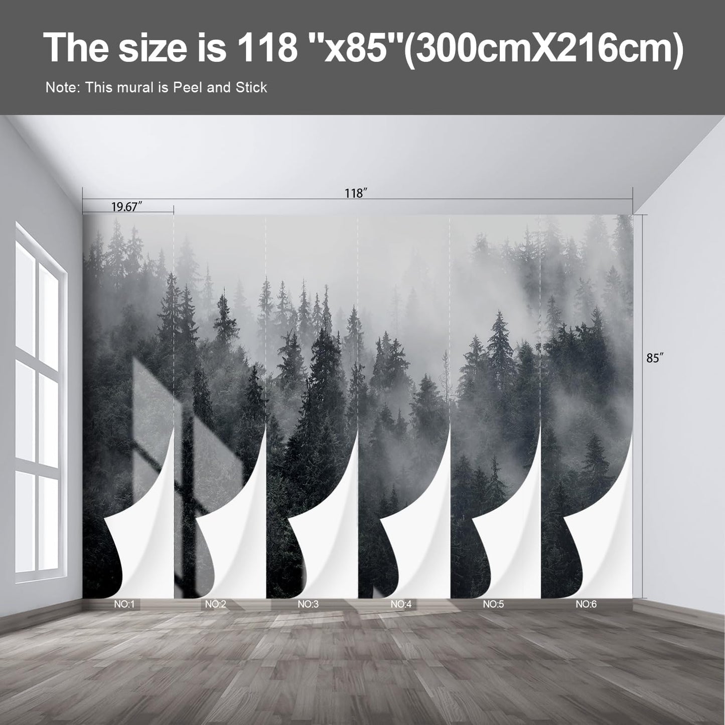 Misty Forest Landscape Wall murals Woodland Tree Peel and Stick Wallpaper for Bedroom Living Room - 85"x118"