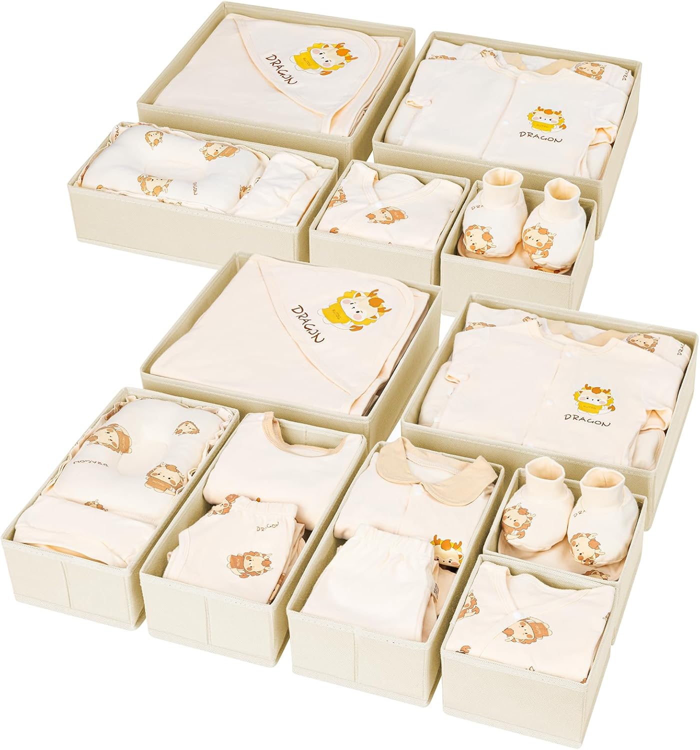 DIMJ Drawer Organizer Clothes 12 Pack - Foldable Baby Organizers and Storage & Dresser Organizer for Bedroom, Closet - Nursery Organization Dresser Dividers for underwear, Sock,Bra, Belt, Tie, Beige