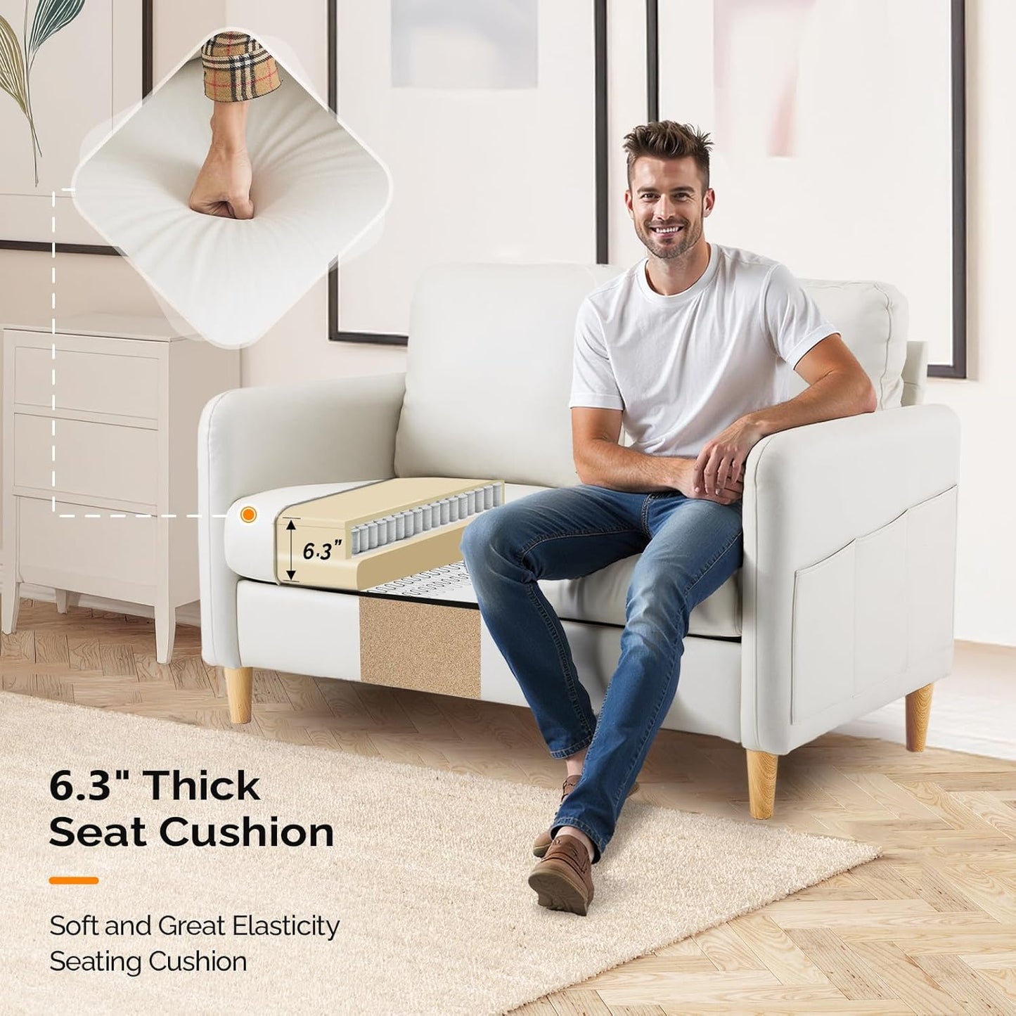 VINGLI 47" Small Couch, Beige Loveseat Mini Couch Mid Century Modern Decor Love Seat for Small Spaces Living Room, Bedroom, Play Room