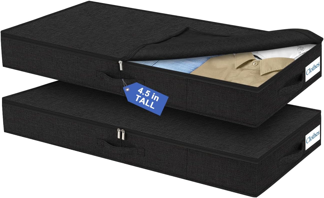 Cirhy Under Bed Storage Containers, 4.5 Inch Tall Low Profile Under Bed Storage with Sturdy Sidewalls & Bottom, UnderBed Storage for Clothes,Shoes, Pillow, Blankets Organizer, 2 Pack Black