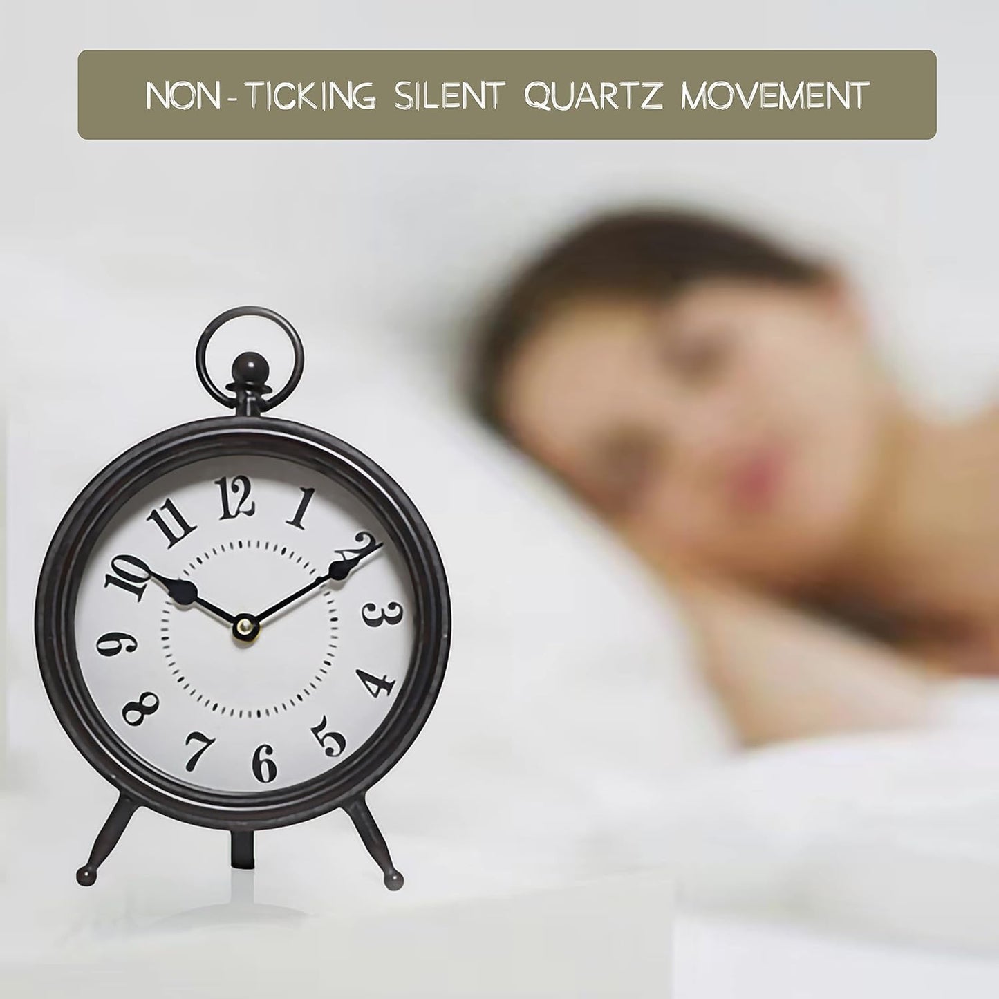 Vintage Black Table Clock on Stand, Decorative Desk and Shelf Clock, Rustic Mantel Clock Farmhouse Clock Non-Ticking