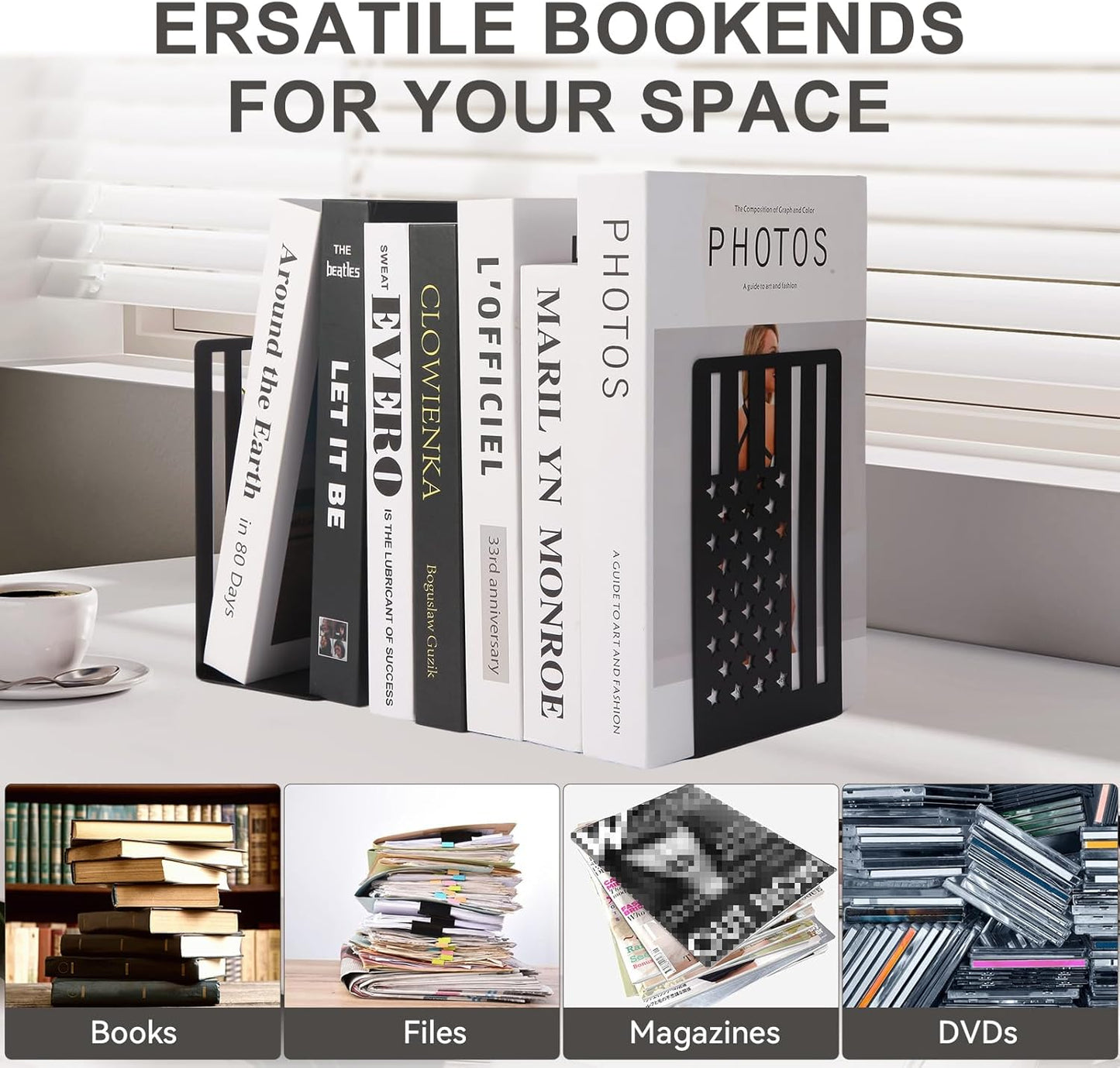 Metal Bookends for Bookshelves and Magazines - Strong Heavy Duty Book Dividers for Home, Office and School