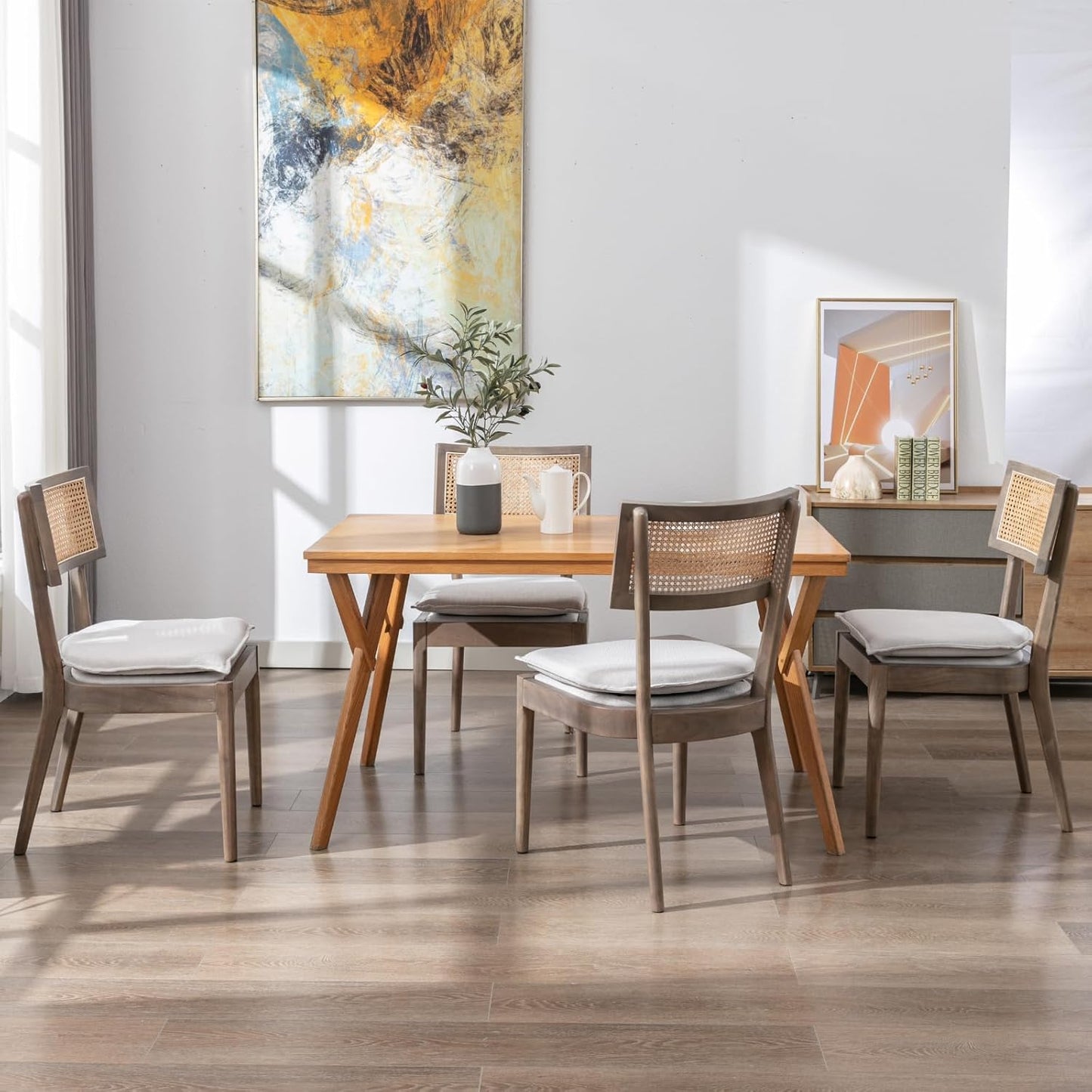 Rattan Dining Chairs Set Of 6 , Mid Century Modern Upholstered Cane Back Chairs with Removable Linen Cushion , Retro Farmhouse Natural Wooden Kitchen & Dining Room Chairs for Restaurant Living Room