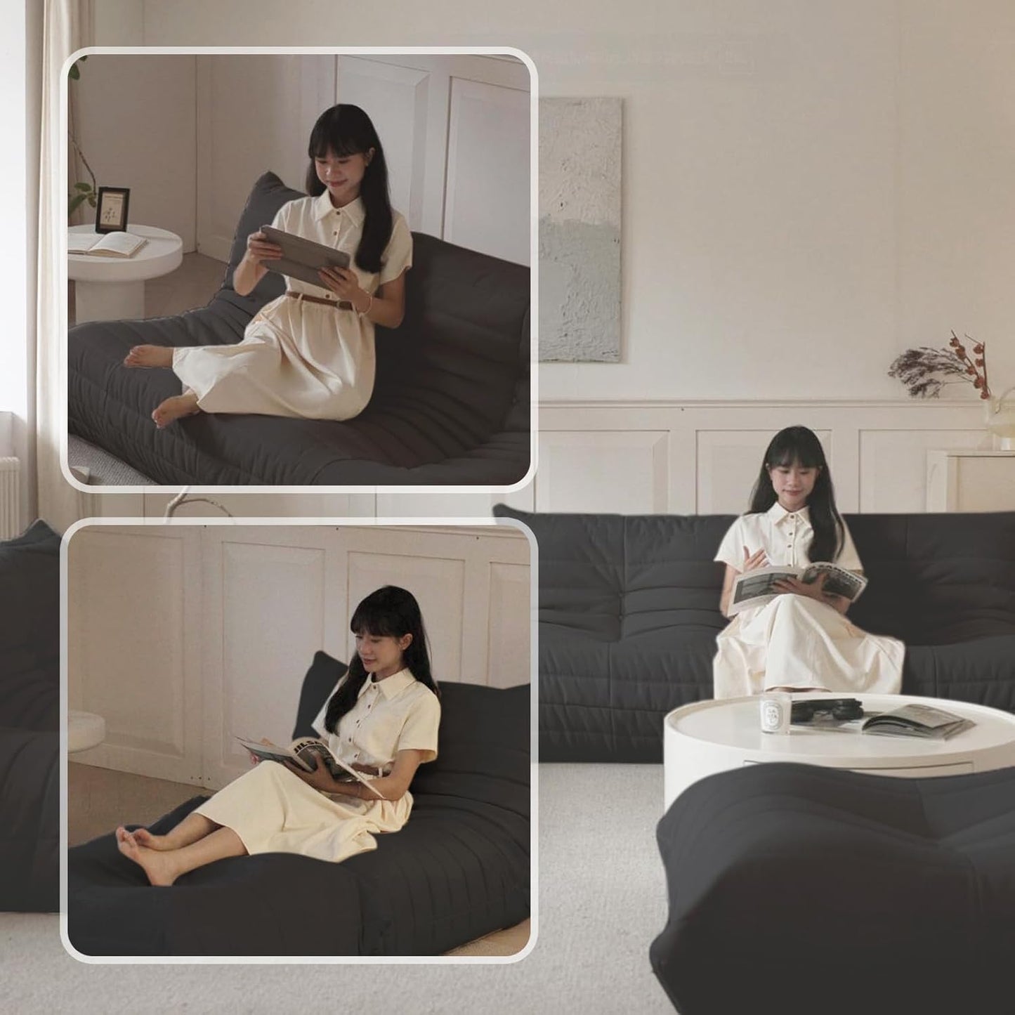 Luxury Sofa Couch Chair, Lazy Floor Seating, Fireside Bean Bag Chair, Ergonomic Tatami Sofa Lounger for Living Room, Bedroom, Office, Loveseat, Black