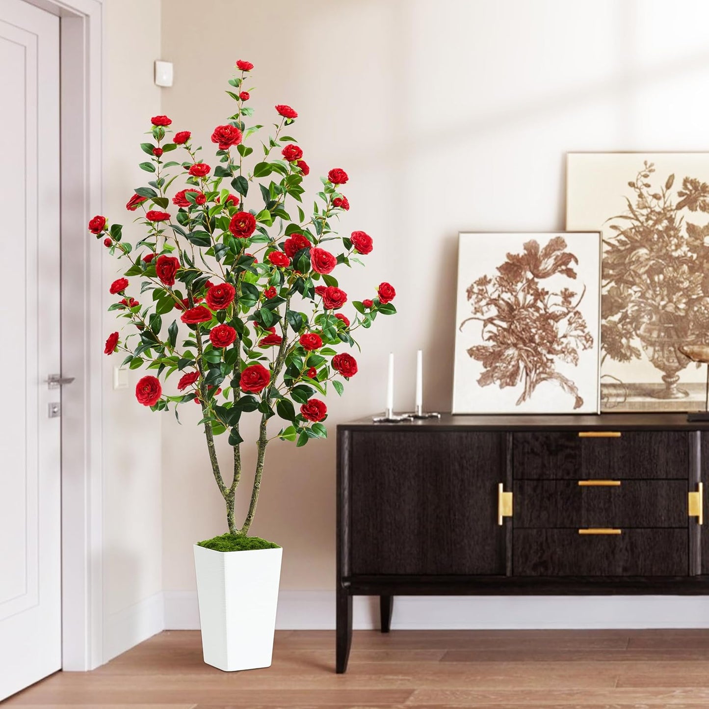 Artificial Camellia Tree 6FT Faux Trees Indoor Fake Floral Plant Blooming Tree with Red Flowers & White Tall Planter, Faux Camellia Plants for Porch Home Room Bedroom Office Front Door Outdoor Decor