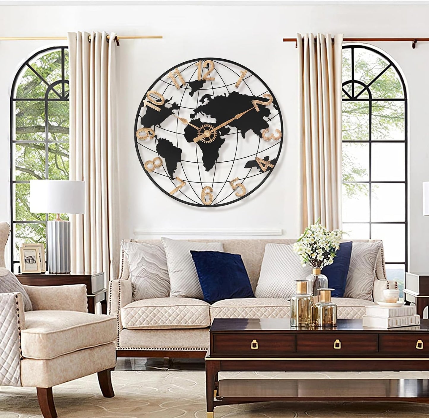 24 Inch Large Wall Clock for Living Room Decor,Big Modern Decorative Silent Metal World Map Wall Clock with Vintage Gold Arabic Numeral for Office,Living Room,Kitchen,Dining Room