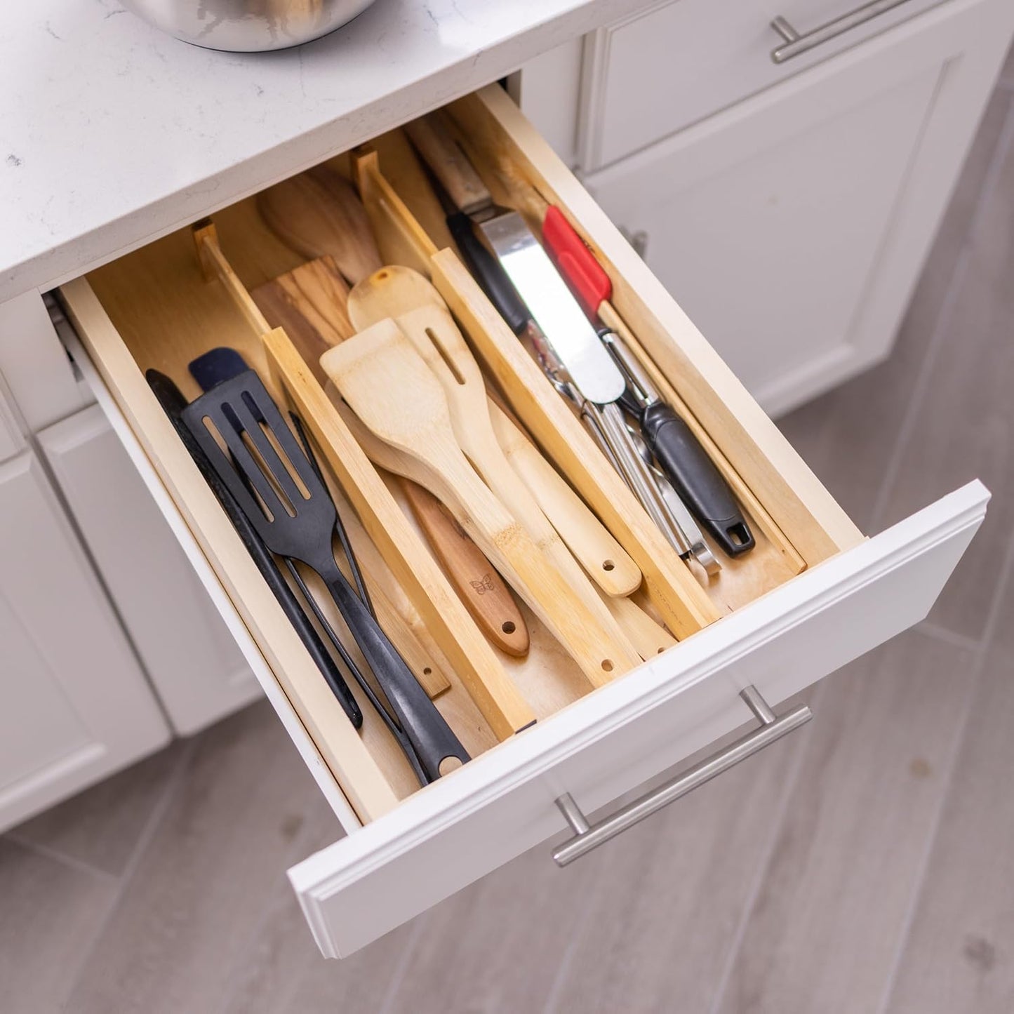 Fabsome Drawer Divider 6 Pack, Bamboo Kitchen Dividers Organizers Adjustable 17''-22'', Wooden Dresser Separators for Nursery Organization Clothes Socks Underwear Baby Clothing, with Soft Foam Ends