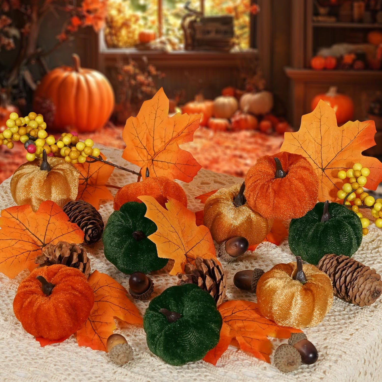 Artmag Fabric Pumpkins Set Decor, 25 PCS Fall Artificial Maple Leaves, Harvest Pumpkins, Acorns, Pine Cones and Orange Berry Stems Decorations for Fall Thanksgiving Table Home