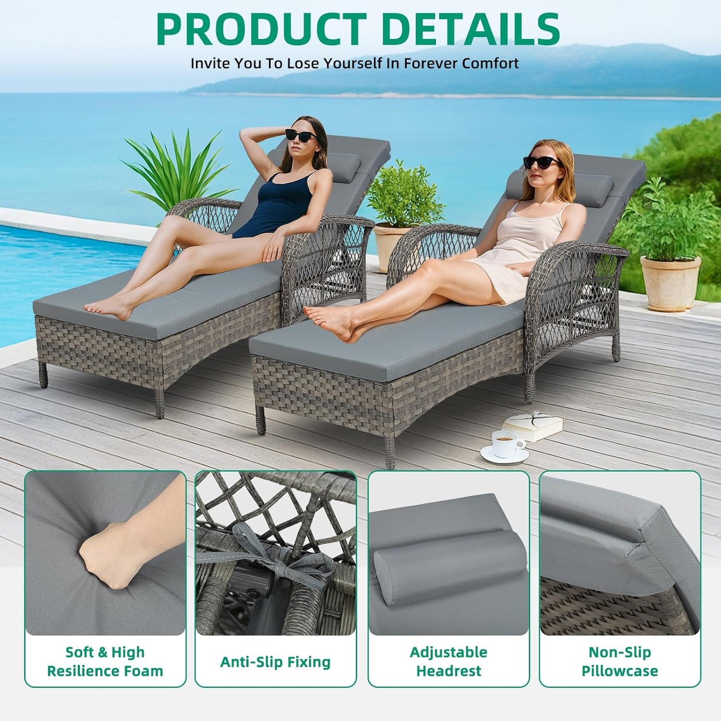 VIVIJASON Outdoor Wicker Chaise Lounge Chair Set of 2, All-Weather PE Rattan Cushioned Patio Lounger Chairs, 6-Position Adjustable Outside Pool Sunbathing Recliner with Armrest & Pillow, Gray
