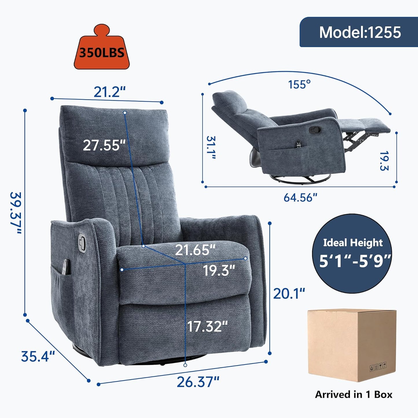 Manual Swivel Rocker Recliner Chair for Adults, Overstuffed Reclining Glider Chair for Nursing with Vibration Massage & Heat, Living Room Rocking Recliner 2-Stage backrest, Chenille Fabric Blue