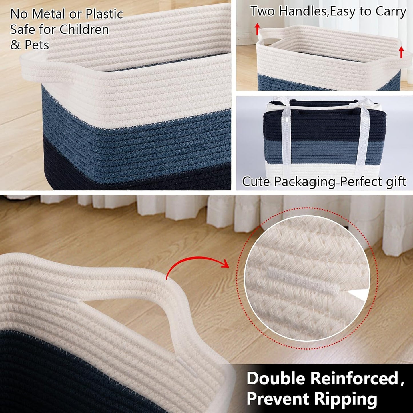 OIAHOMY Storage Basket, Woven Baskets for Storage, Cotton Rope Basket for toys,Towel Baskets for Bathroom - Pack of 3, Gradient Blue