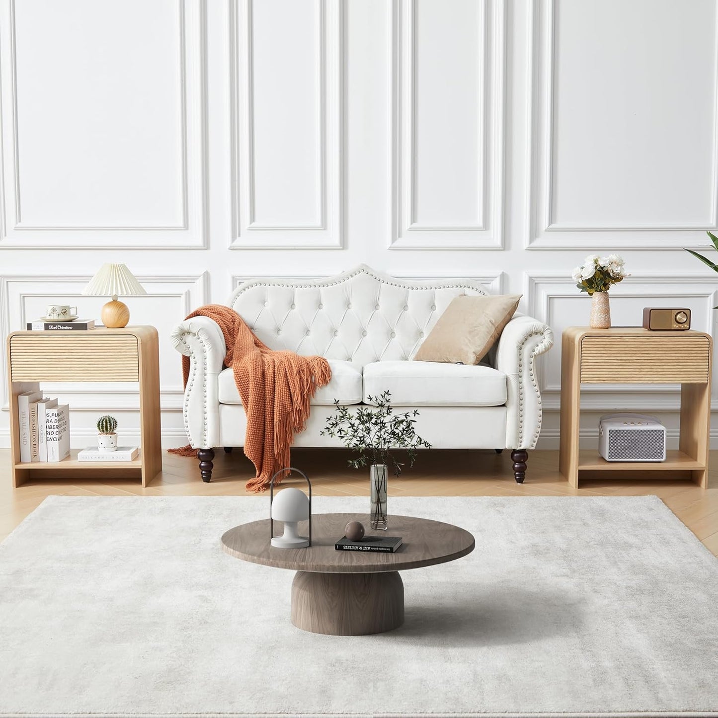 Fluted Nightstand with Charging Station, Mid Century Modern Bed Side Table End Table with Drawer Storage, Large Wooden Night Stands Bedside for Bedroom Living Room Sofa Office, Natural