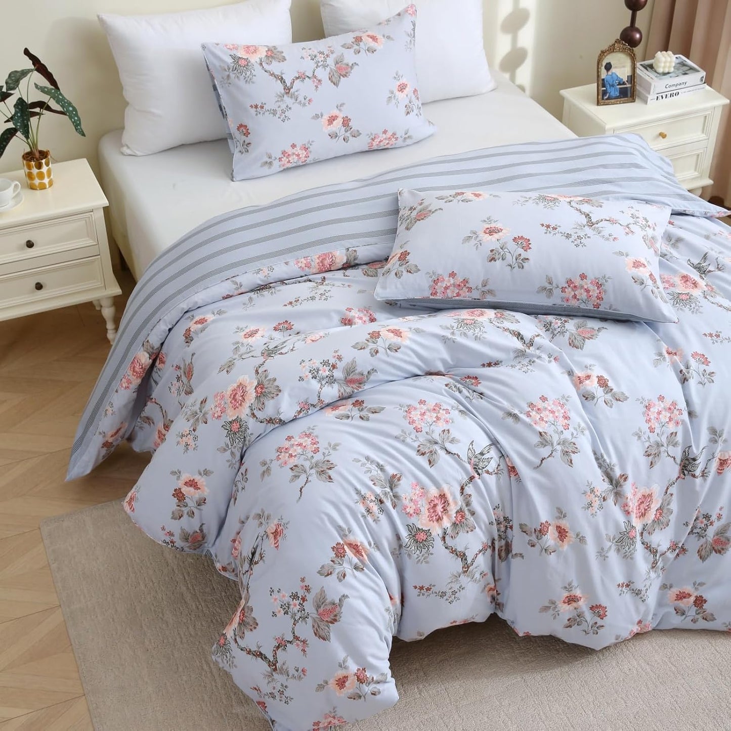 ABREEZE Floral Duvet Cover King Size Set Bird Flowers Bedding Set 100% Brushed Cotton Bedding Collection 1 Duvet Cover with 2 Pillowcases Grey