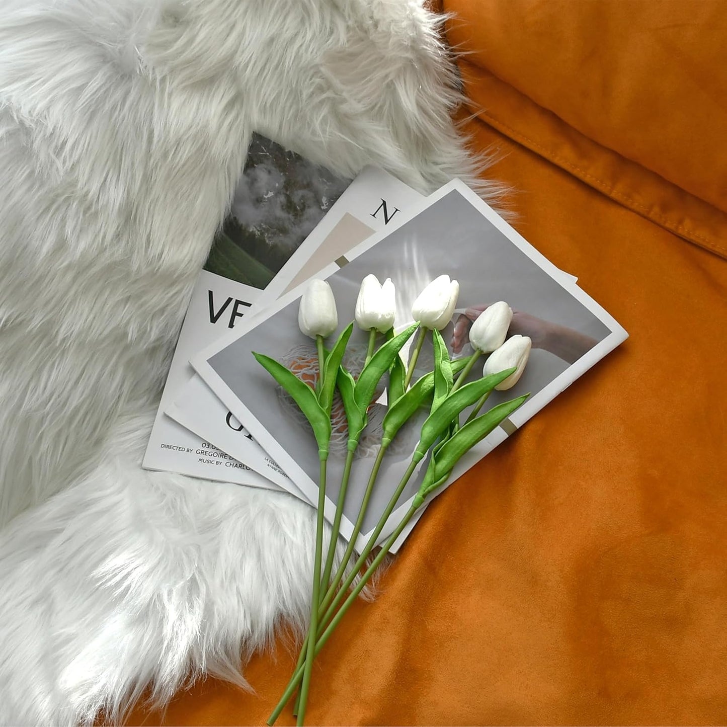 Mandy's Artificial Tulips 60 Stems White PU Faux Flowers for Wedding Home Decor 13.5 Inch