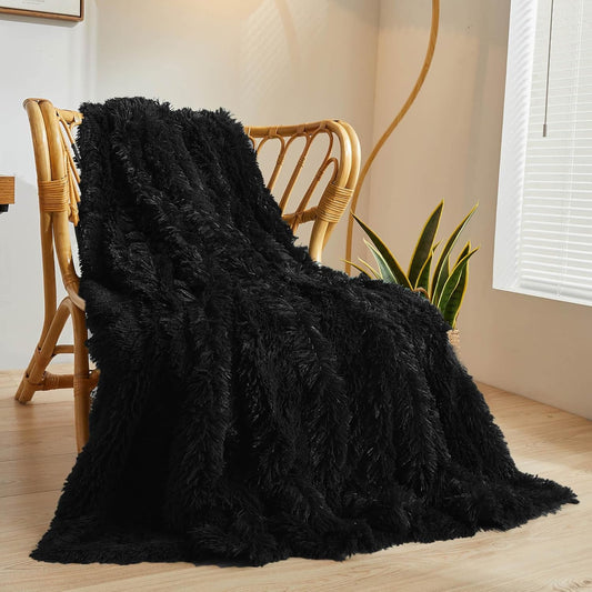 XeGe Luxury Faux Fur Throw Blanket, Black Soft 50x60 Fluffy Blanket Throw, Shaggy Plush Decorative Couch Blanket, Cute Furry Bed Throw Fuzzy Lap Blanket for Kids Women Men Teen Girls Black