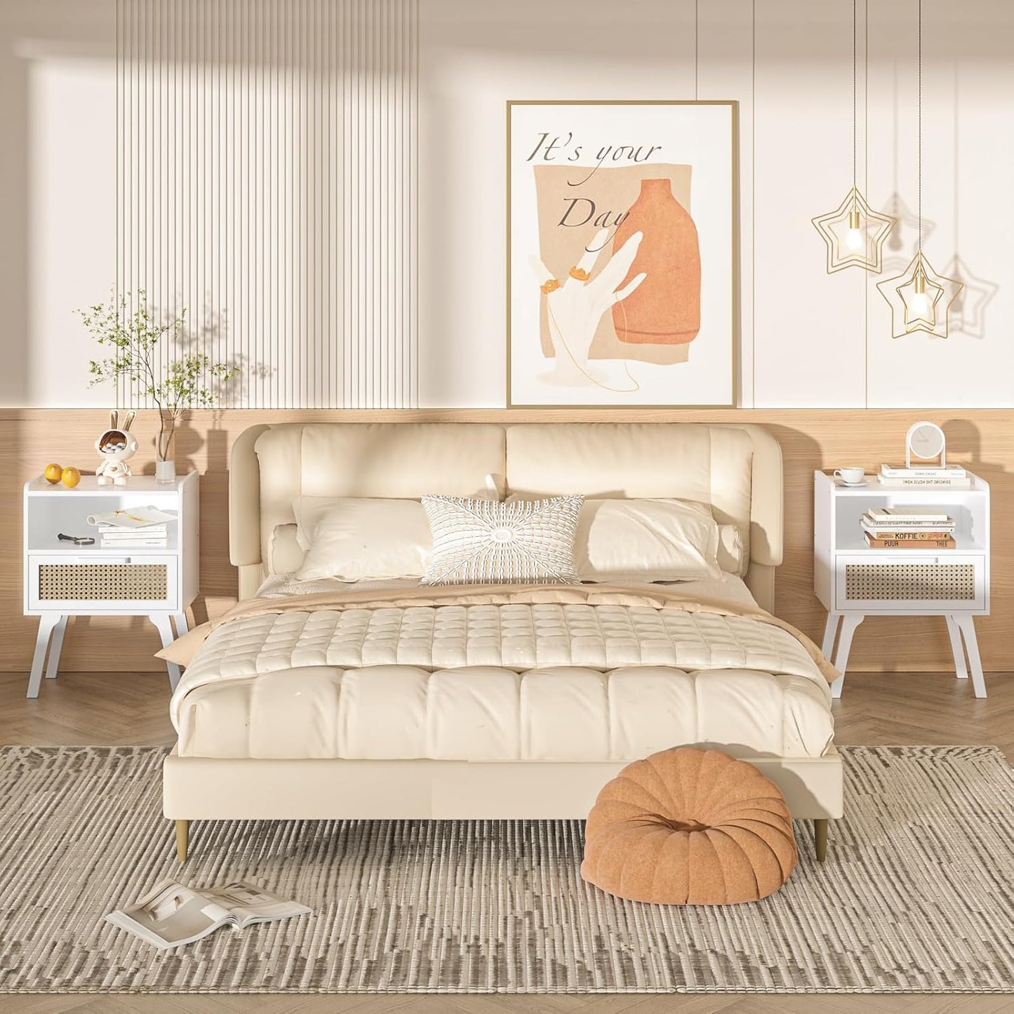 Lerliuo Rattan Nightstand, Bedside Table with Drawer Open Shelf, Cane Accent Side End Table with Solid Wood Legs, White Mid Century Night Stand for Bedroom, Dorm and Small Spaces