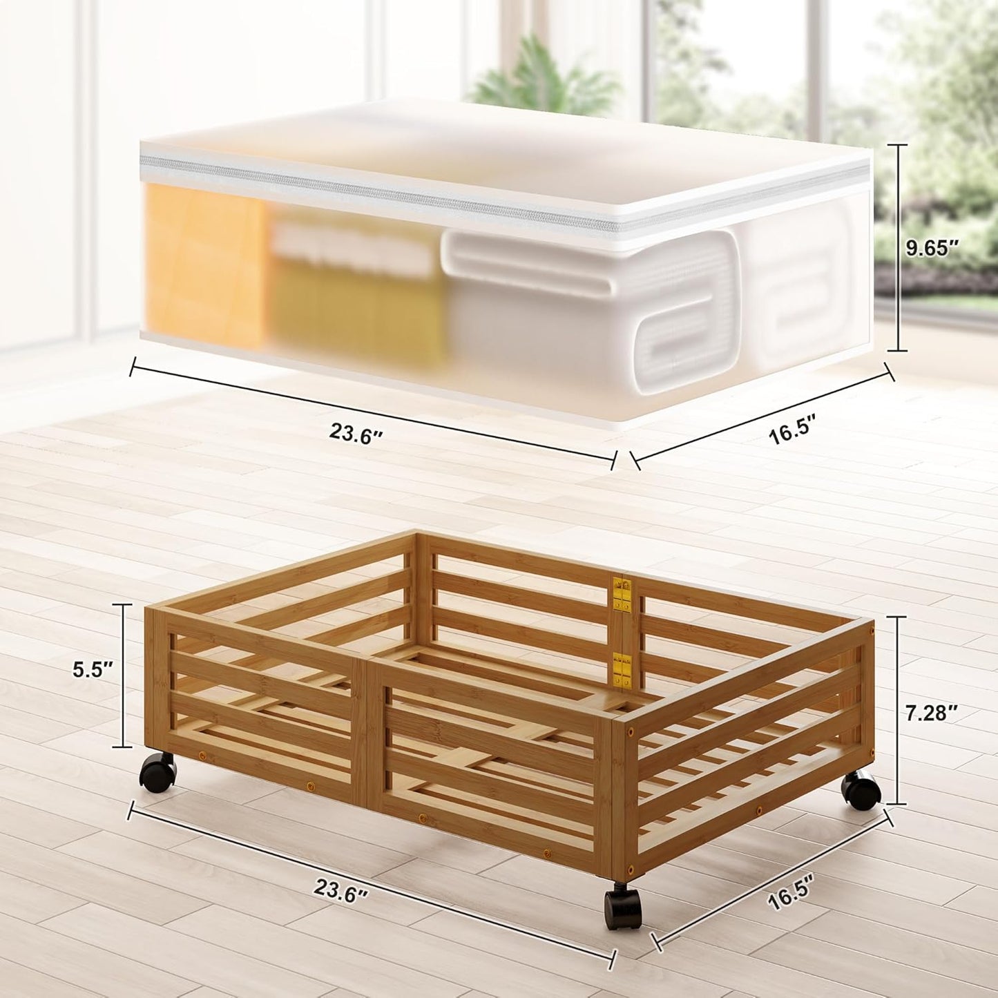 Under Bed Storage Containers With Wheels - 2 Pcs Bamboo Wood Rolling Underbed Shoe Storage Bins With Dust Bags for Clothes Blankets, Duvet Covers Snacks Toys (Walnut)