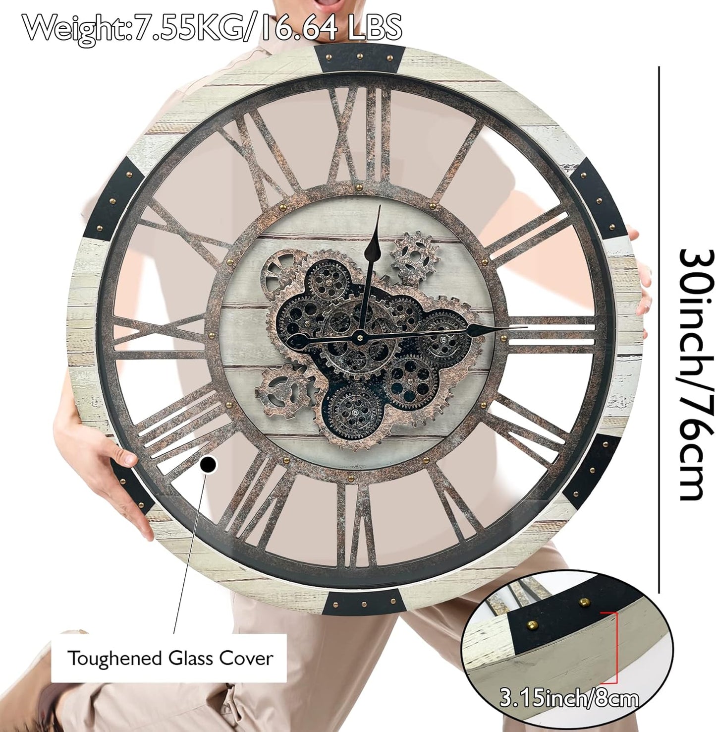 DORBOKER 30" Large Wall Clock Moving Gears,Oversized Industrial Rustic Farmhouse Clocks for Living Room Decor Office Home, Solid Wood Retro Metal HD Tempered Glass Cover,Desert Beige