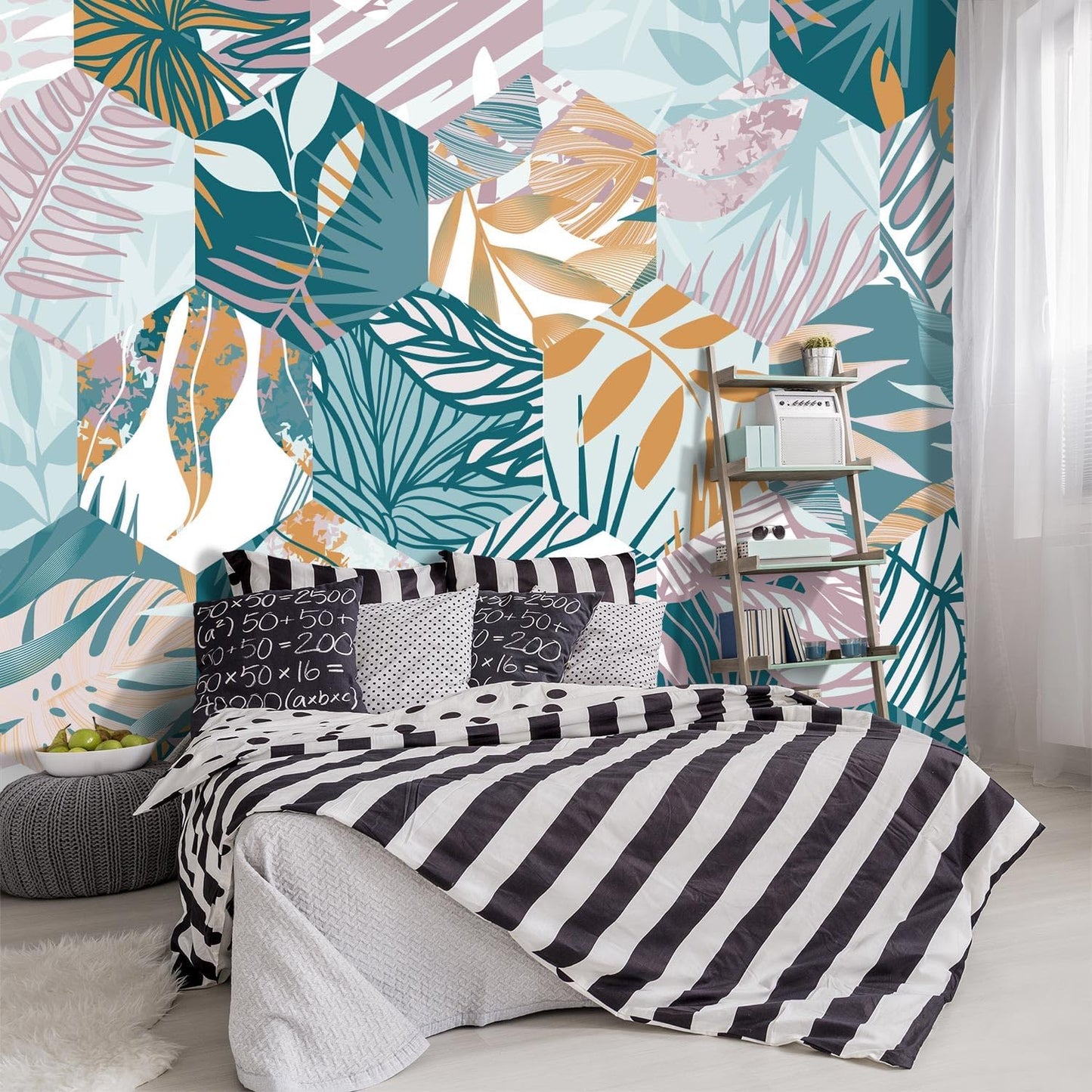 -Abstract Geometry Botanical Banana Leaf Fabric Wallpaper Living Room Bedroom Bathroom Tropical Plant Leaf Large Wall Mural- 160"x108"（ not Peel and Stick）