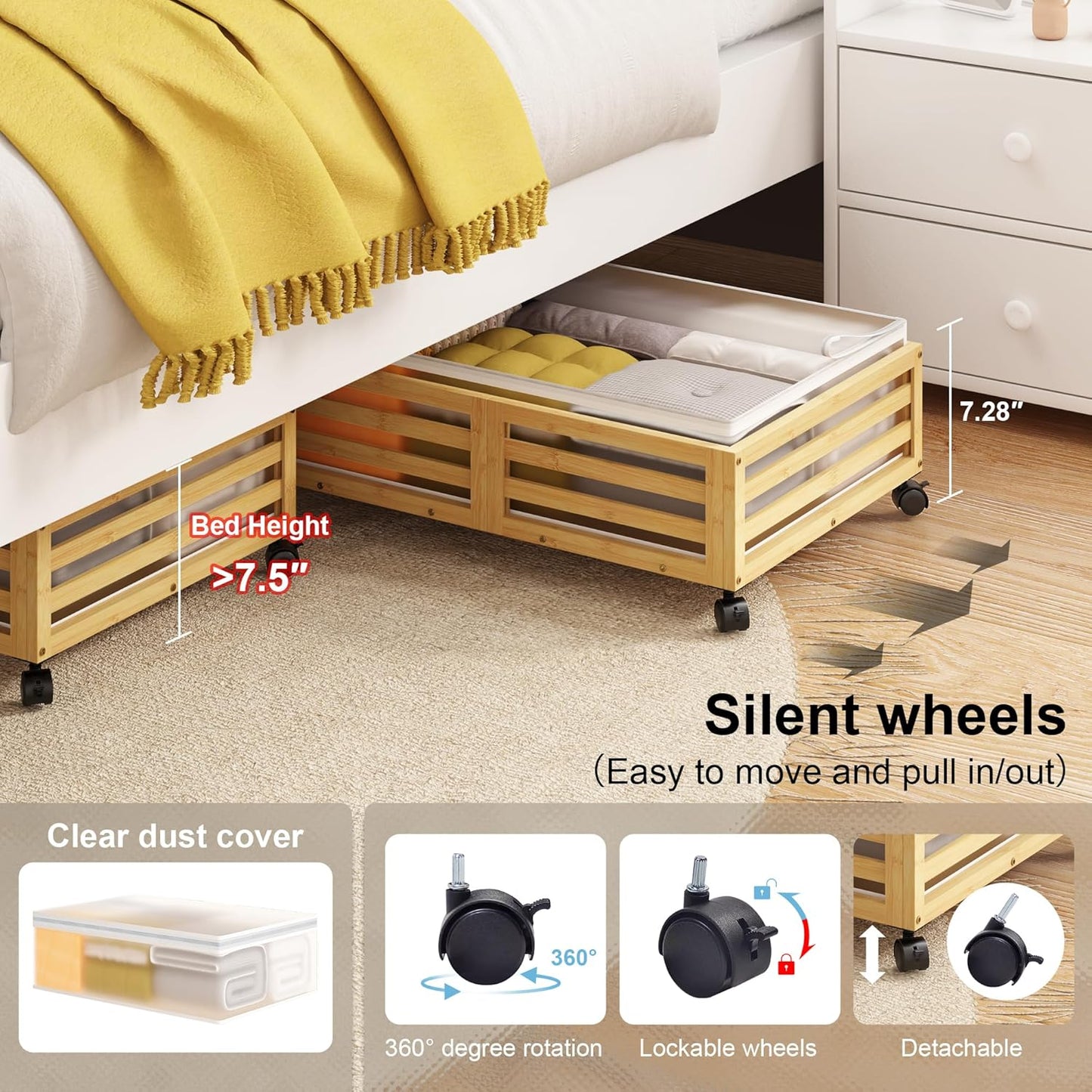 Under Bed Storage with Wheels-Large Bamboo Underbed storage Containers with Large Dust Bag Stackable Under the Bed Shoe Storage Bins for Clothes Books Bedding (2 Packs Nature, 23.62"L×16.54"W× 6.51"H)
