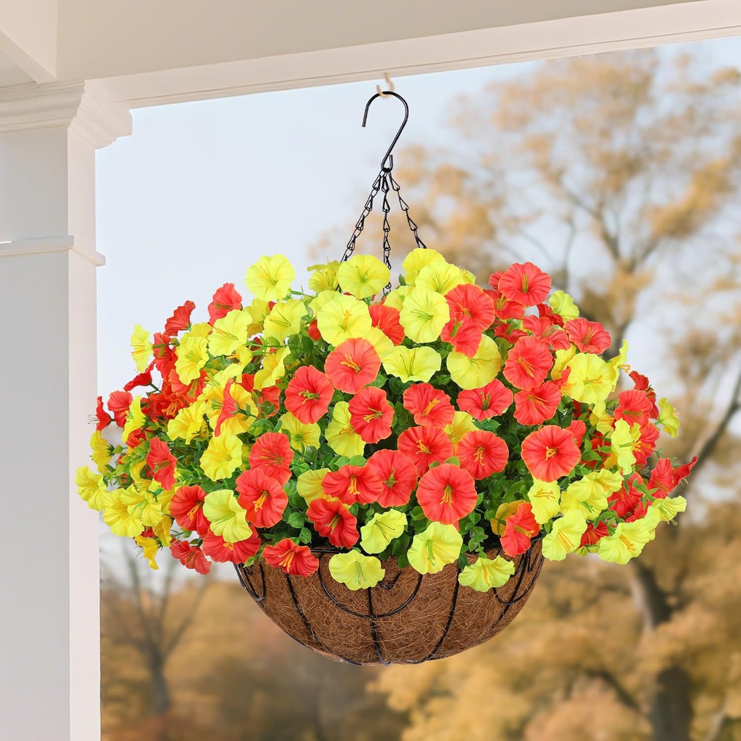 Artificial Fall Flowers Fake Hanging Plants Flowers Basket for Outdoors Autumn Decoration, Silk Morning Glory with Eucalyptus Look Real UV Resistant Faux Flowers for Outside Porch Patio Balcony, Mix