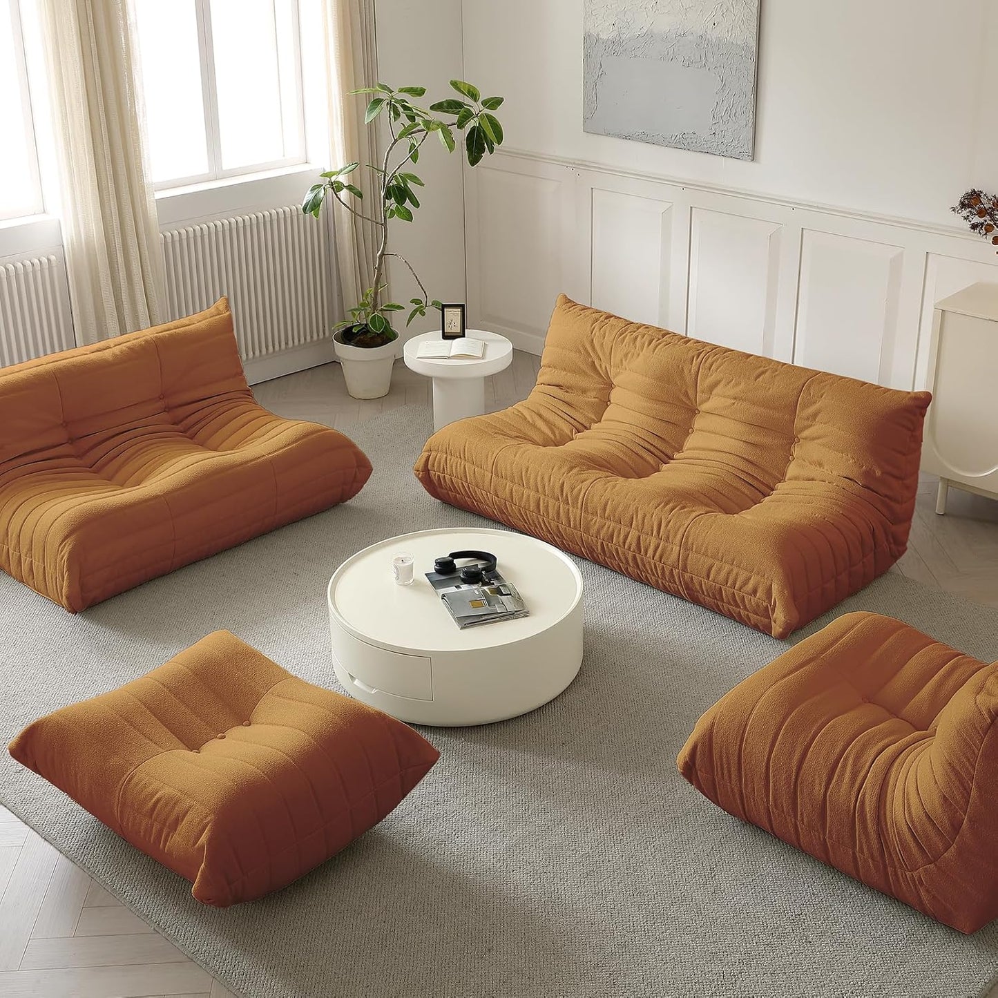 Luxury Sofa Couch Chair, Lazy Floor Seating, Fireside Bean Bag Chair, Ergonomic Tatami Sofa Lounger for Living Room, Bedroom, Office, 3 Seat, Brown