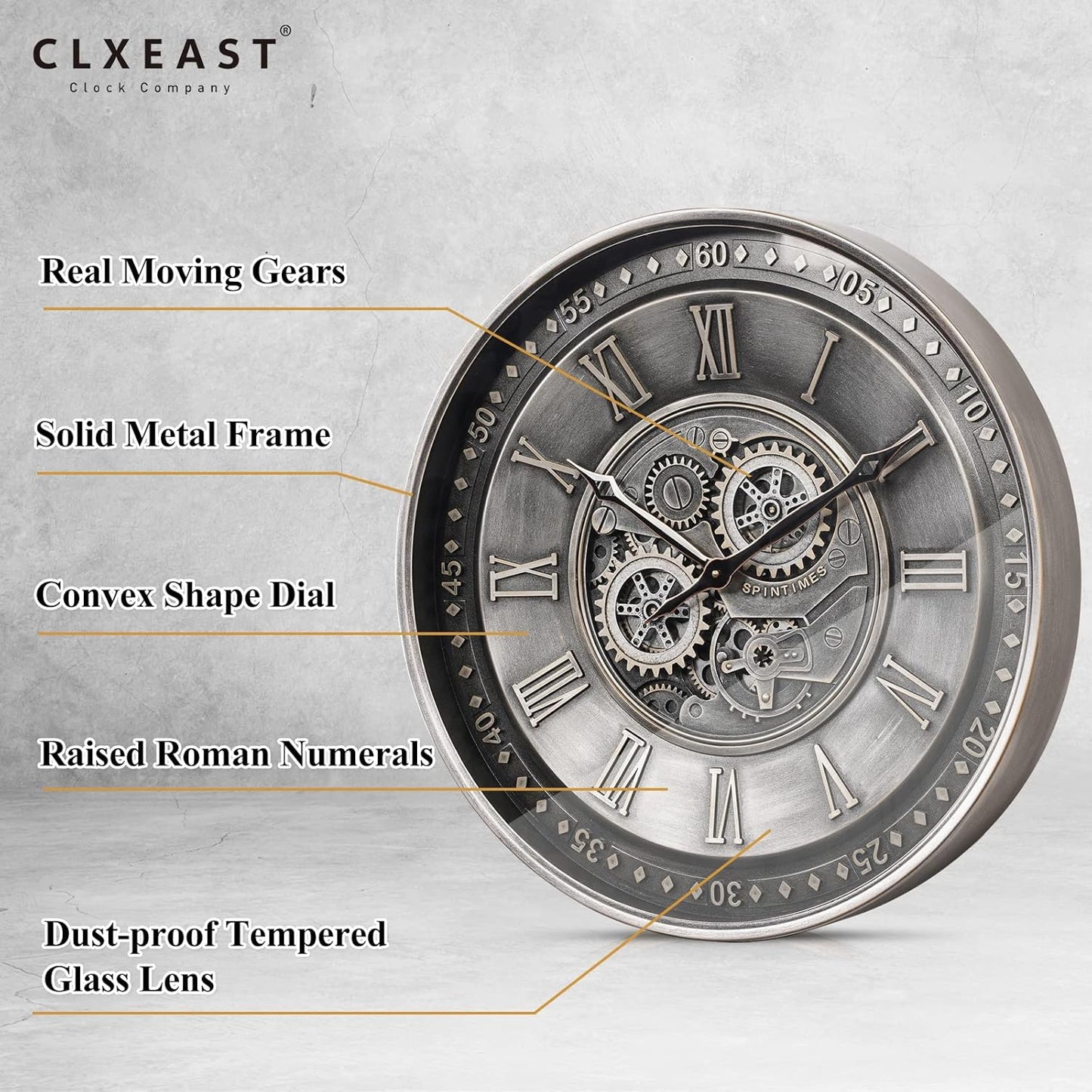 CLXEAST 24 Inch Large Moving Gear Wall Clock for Living Room Decor, Antique Silver Metal Roman Numerals Wall Clocks for Home Office