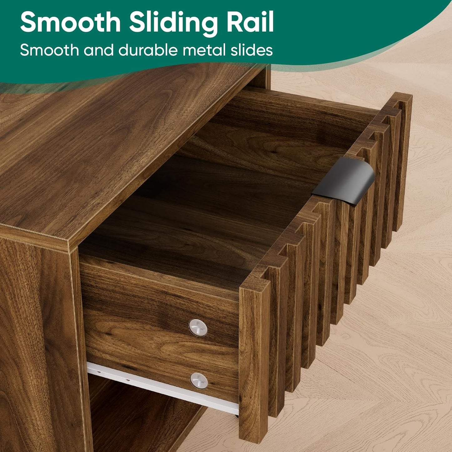 Smuxee Walnut Wooden Night Stand, Mid Century Nightstand with Fluted Drawer, Bedside Table with Open Shelf, Modern End Side Table for Bedroom