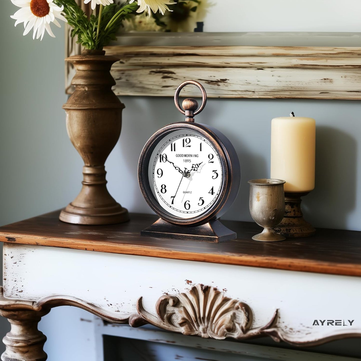 AYRELY® 7-Inch Vintage Mantel Clock with Handle,Antique Metal Desk Clocks Battery Operated,Retro Table Clock for Bedroom Living Room Shelf Farmhouse Fireplace Décor
