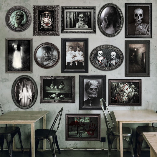 15 Halloween Gothic Creepy Skull Photos Haunted Horror Picture Frame, Waterproof Durable, with 80pcs Self Adhesive Dots，Creepy Photo Decoration For Haunted Family Castle Masquerade Party Black