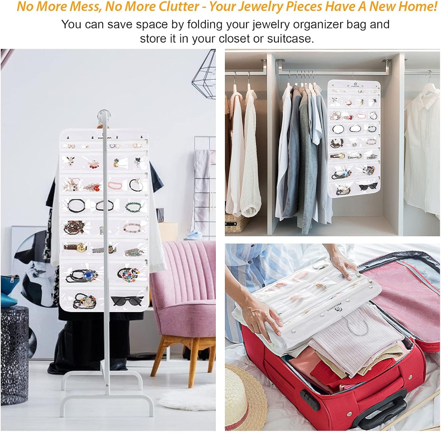 Freegrace Hanging Jewelry Organizer Revolving Hanger - Secure Zipper Closure - 50 Pockets - Foldable Storage & Display Solution - For All Jewelry & Bijoux (White)