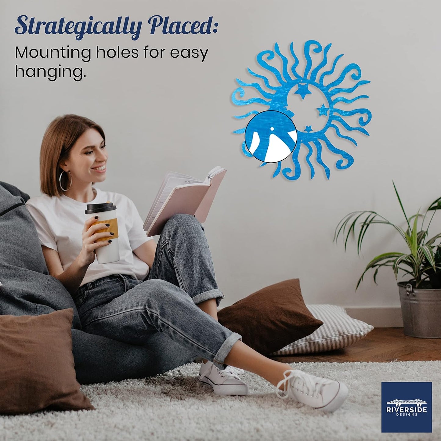 Riverside Designs Wacky Solar Moon Metal Wall Art Steel Outdoor Decor | Heavy-Duty and Waterproof | Made in USA (Teal, 18L x 18W)