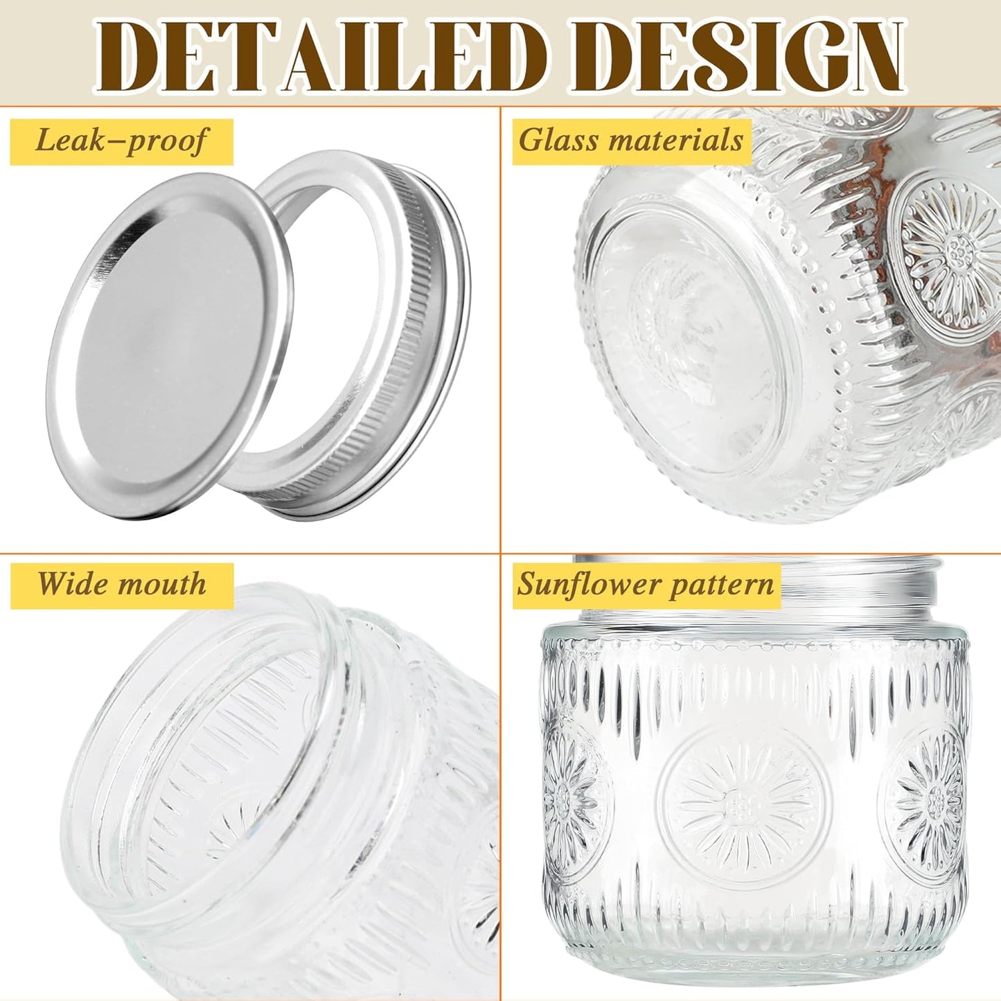 Mason Jars 8 oz - Vintage Small Glass Mason Jars with Silver Metal Lids, Regular Mouth Canning Jars, Safe For Storage, Canning, Pickling, Preserving, Fermenting, DIY Crafts & Decor (24Pack)