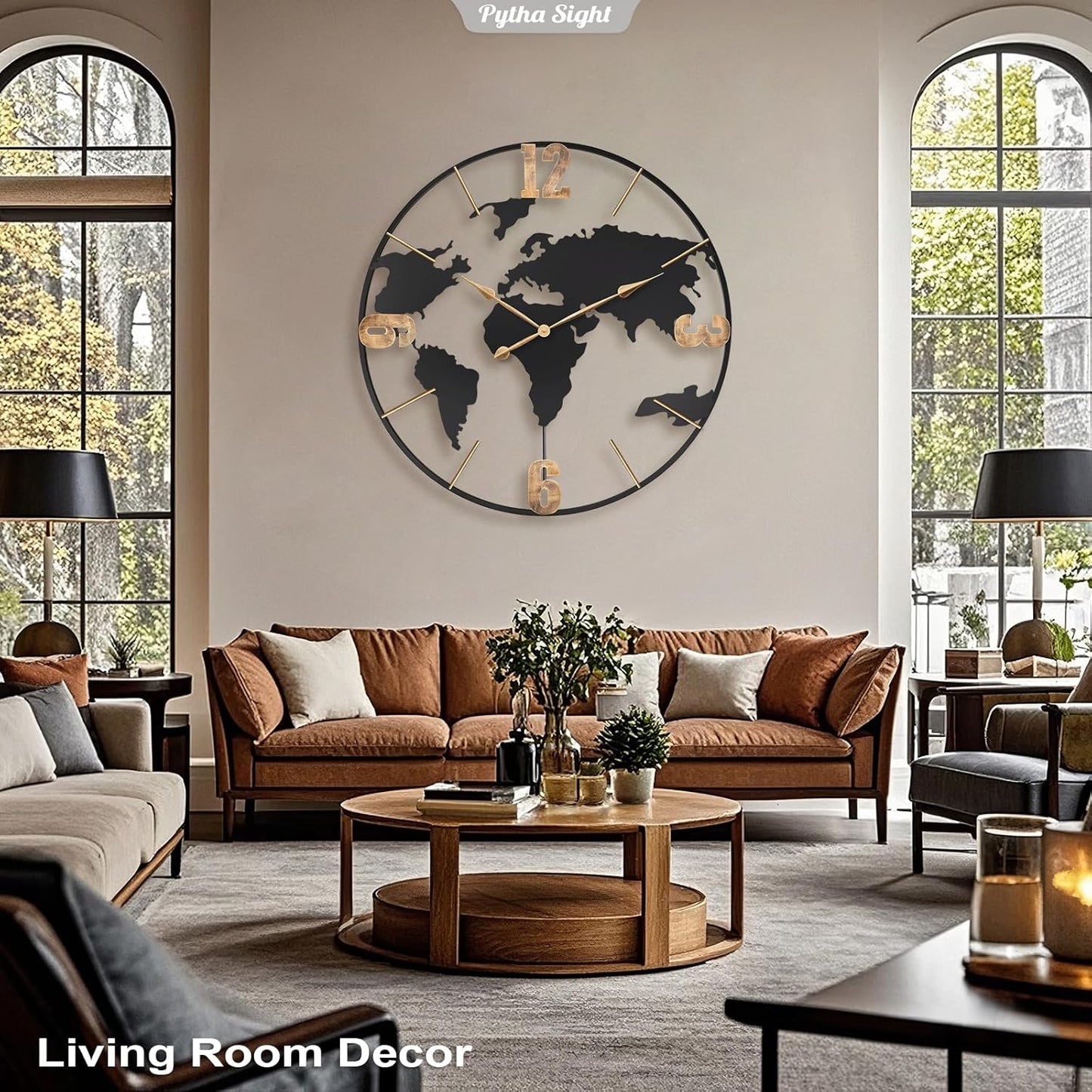 36 Inch Oversized Giant Extra Large Modern Decorative Metal World Map Wall Clock,Big Vintage Gold Arabic Numeral Wall Clocks for Living Room,Entryway,Office,Fireplace,Dining Room