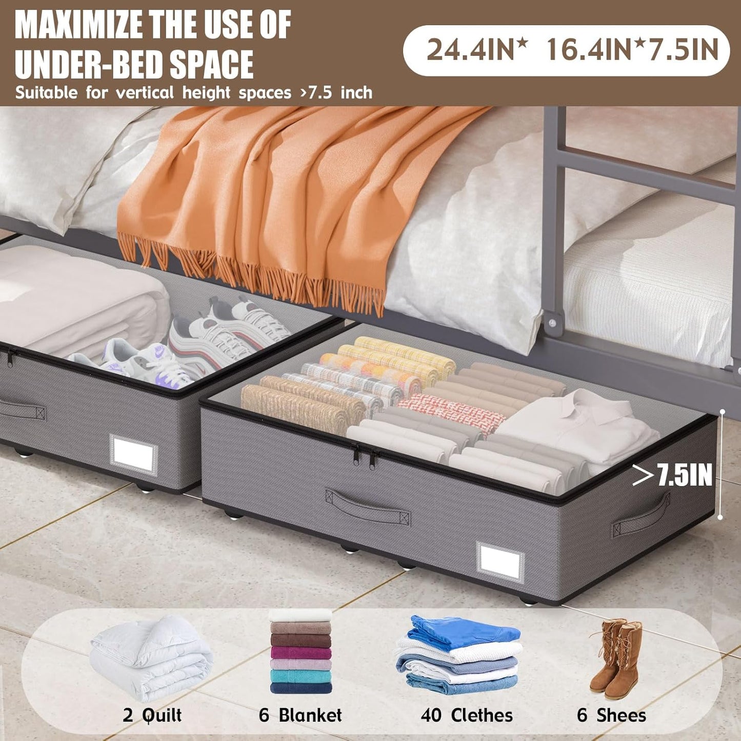 Under Bed Storage with Wheels, No Assemble Required 7.5 inches height Under Bed Storage bins,Large capacity Rolling Under bed Shoe Storage containers，dorm under bed storage drawers