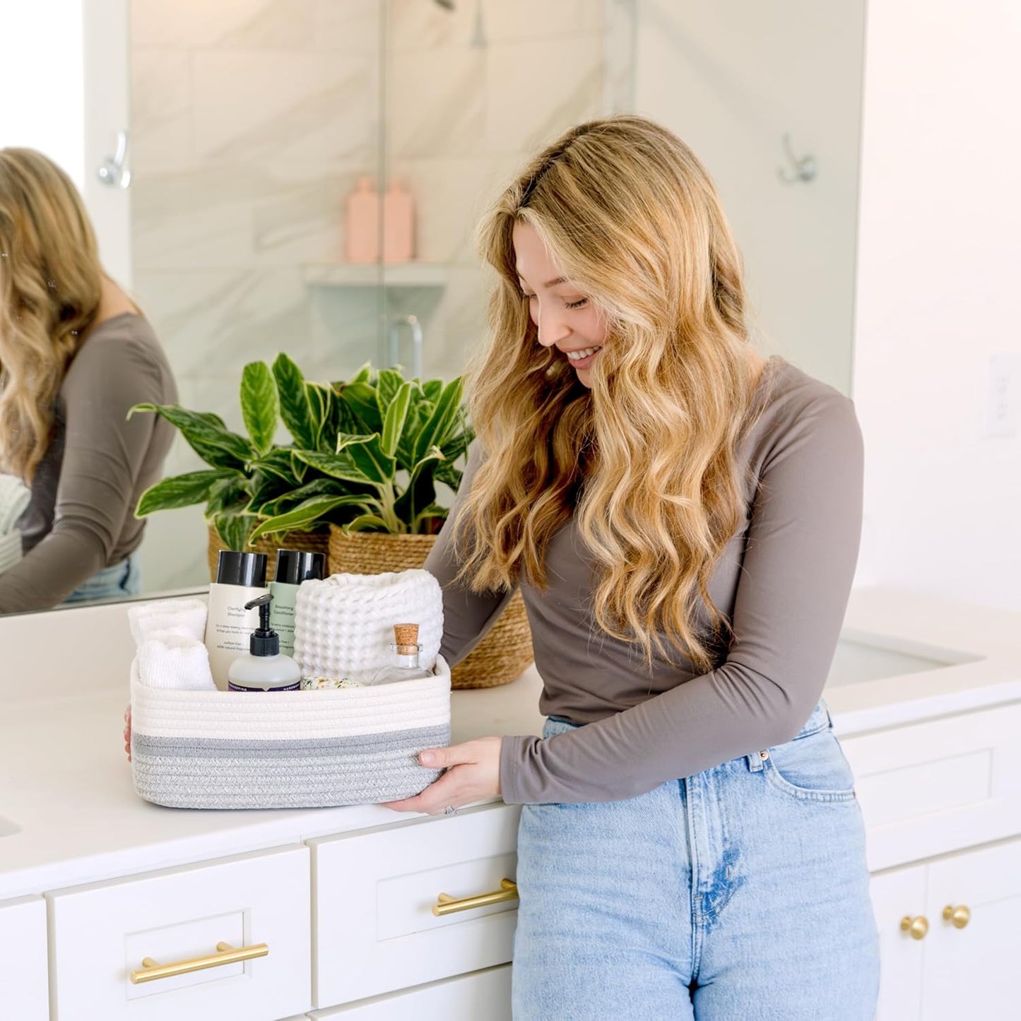 NaturalCozy 11.8"x8"x4.5” Storage Baskets for Shelves 3 Pack | Cotton Rope Woven Small Baskets for Organizing | Small Storage Bins for Nursery, Bathroom, Closet, Cube Shelf, Decorative, Gift Basket