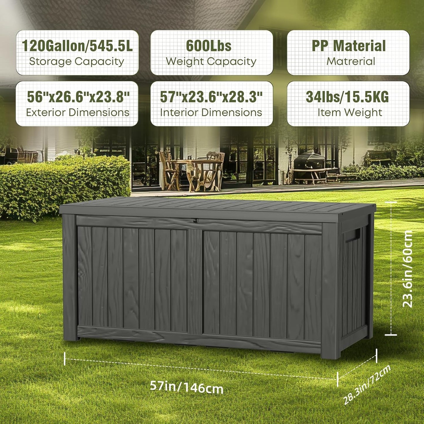 DRATO 120 Gallon Large Deck Box, Outdoor Storage Box for Patio Furniture, Patio Cushions, Gardening Tools, Pool Supplies,660lbs Weight Capacity,Waterproof Resin Storage Boxes