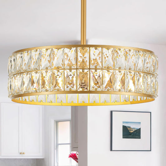 16” 4-Light Modern Crystal Chandeliers Gold Dinning Room Light Fixture, Round Pendant Light Kitchen Island Chandelier, Flush Mount Ceiling Light for Living Room Entryway Bedroom Foyer