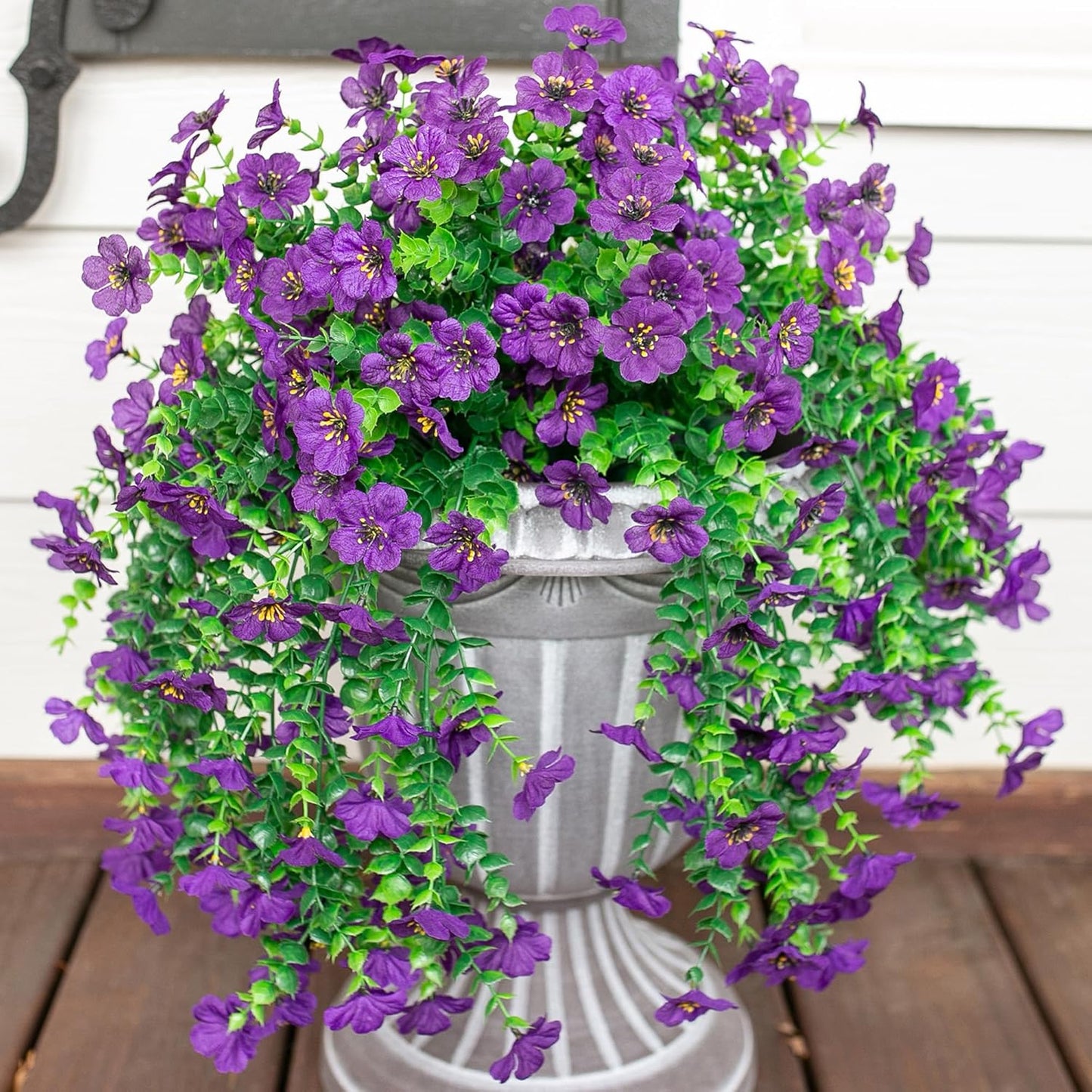 Artificial Faux Hanging Flowers Plants for Spring Outdoor Outside Decoration, 2 PCS Fake Silk Daisy with Eucalyptus UV Resistant Realistic Trailing Vines for Balcony Patio Porch (Dark Purple)