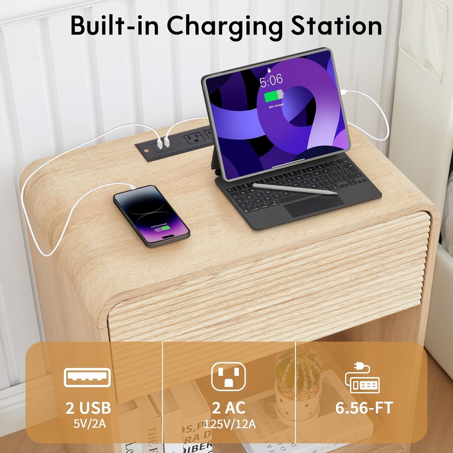 Fluted Nightstand Set of 2 with Charging Station, Modern Bed Side Table End Table with Drawer Storage, Large Wooden Night Stands Bedside for Bedroom Living Room Sofa Office, Natural 2 Sets