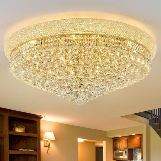 18-Light 32 inch Large Crystal Chandelier Flush Mount Ceiling Light Fixture for Living Room Dining Room Bedroom Foyer Entryway Gold Finish