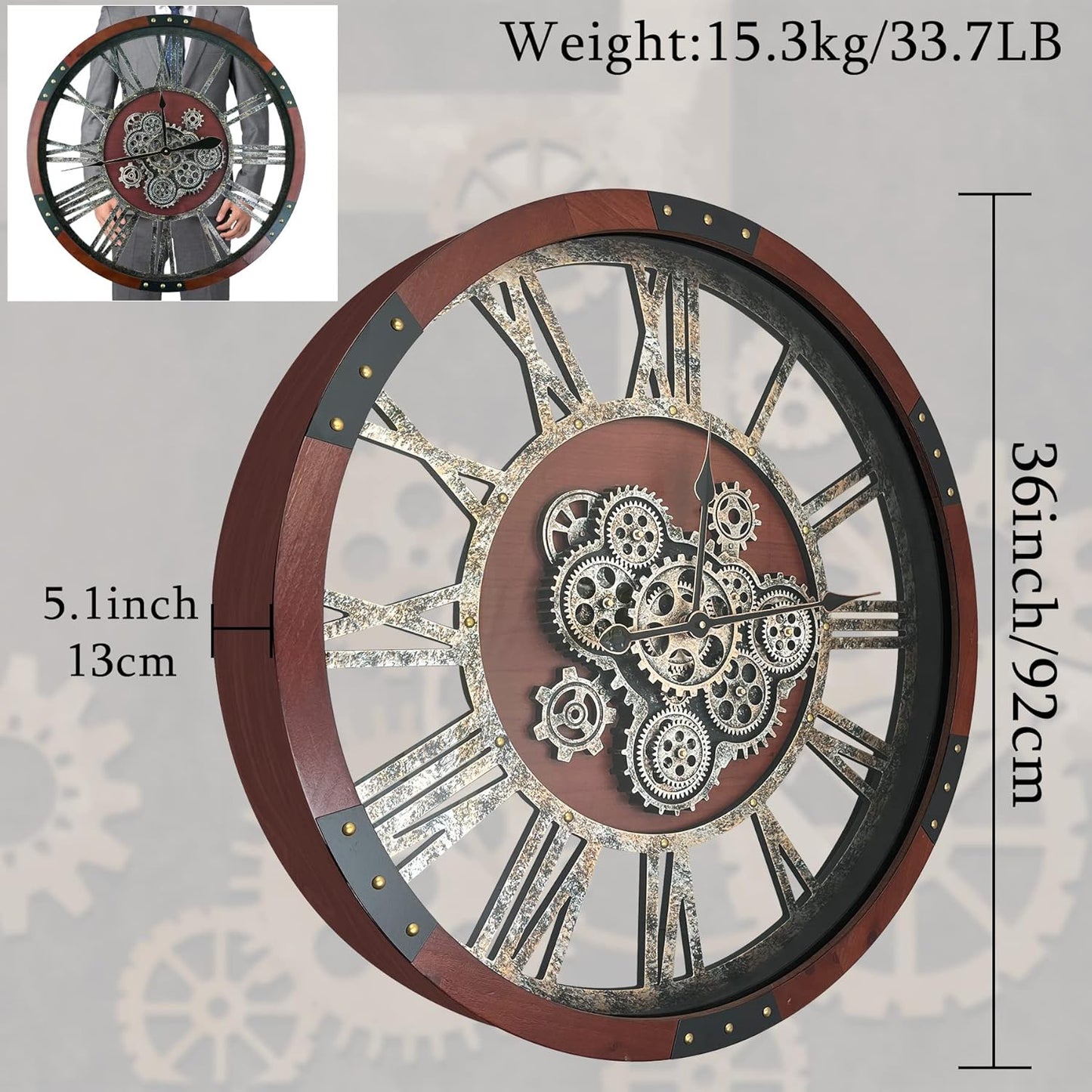 36 Inch Moving Gear Wall Clock, Oversized Wall Clocks, Clock Living Room Decor, Solid Wood Frame, Battery Operated, Large Wall Clock with Industrial for Fireplace(Black Walnut)